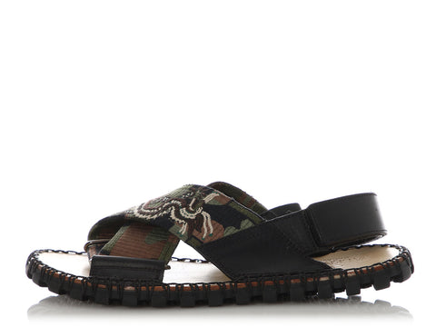 Valentino Dragon-Embroidered Camo Sandals