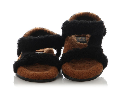 Fendi Brown and Black FF Zucca Shearling Sandals