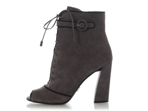 Prada Gray Suede Lace-Up Open-Toe Booties