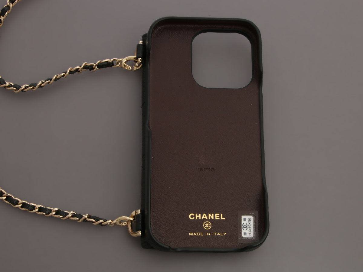 Chanel Black Quilted Caviar iPhone 16 Pro Phone Case on Chain Chanel Black Quilted Caviar iPhone 16 Pro Phone Case on Chain