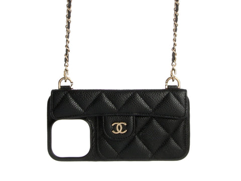Chanel Black Quilted Caviar iPhone 16 Pro Phone Case on Chain