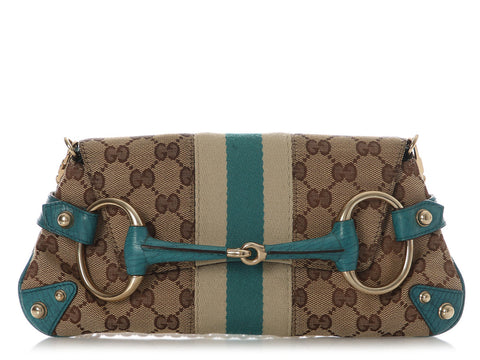 Gucci Small Teal and Monogram Horsebit Clutch