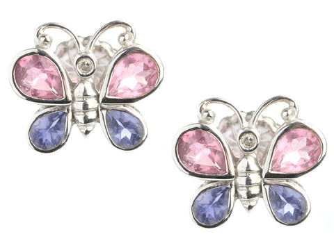 14K White Gold Pink and Blue Sapphire Butterfly Earrings