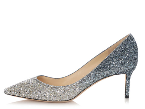 Jimmy Choo Silver and Dusk Blue Fireball Glitter Romy 60 Pumps