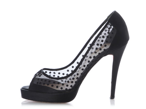 Christian Louboutin Black Satin Mesh Beaded Pumps