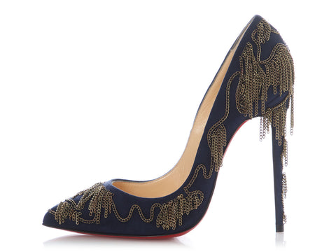 Christian Louboutin Nuit Suede and Gold Chain Dolly Party Pumps