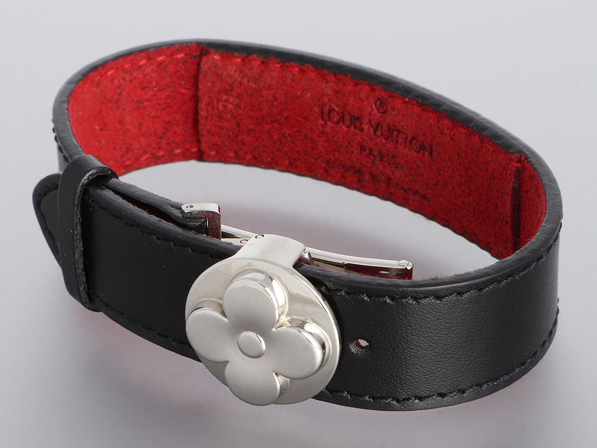 Louis Vuitton Silver Flower And Black Leather Bracelet #175216