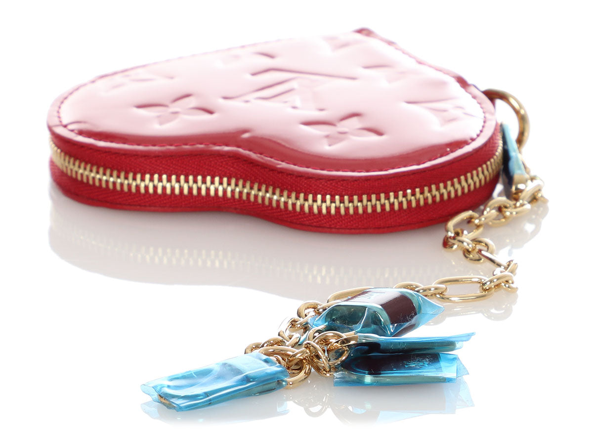 Auth Louis Vuitton Heart Coin Purse with Charm, Chain Red Valentine New F/S