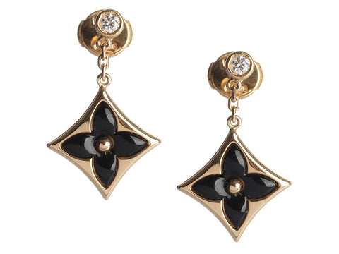 Louis Vuitton 18K Yellow Gold Onyx and Diamond Color Blossom BB Star Pierced Drop Earrings