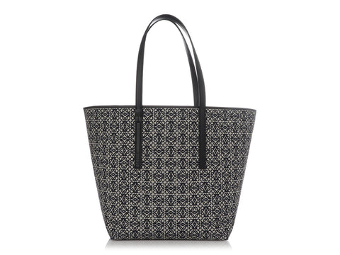 Loewe Navy Anagram Jacquard and Calfskin T Tote Bag