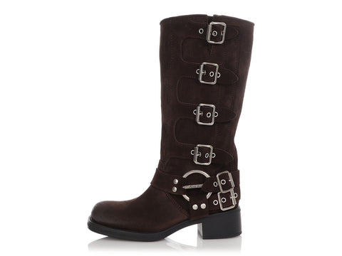 Miu Miu Brown Suede Biker Boots