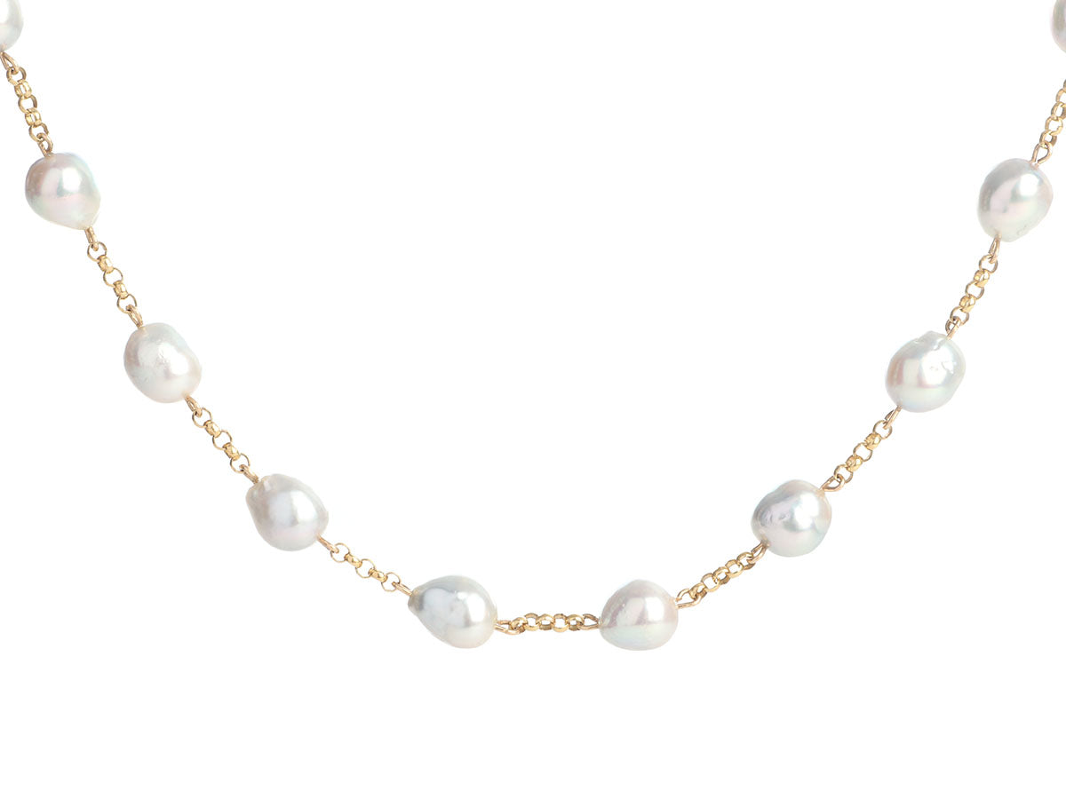 14K Yellow Gold Gray Freshwater Pearl Long Necklace