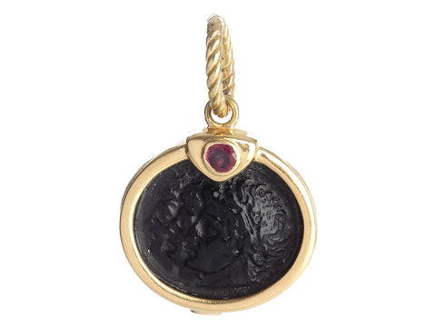 18K Yellow Gold Onyx and Ruby Cameo Pendant