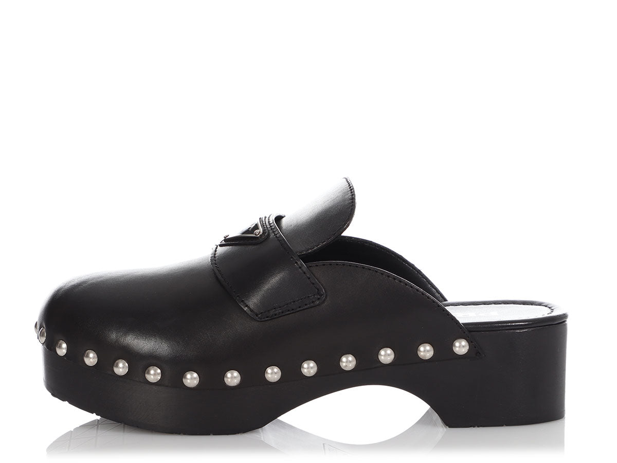 Prada Black Leather Studded Clogs