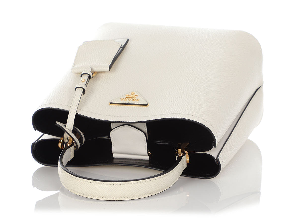 White/black Medium Saffiano Leather Prada Panier Bag