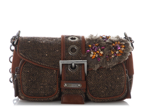 Prada Brown Ricamo Tweed and Crystal Flap