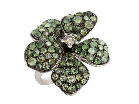 Piranesi 18K White Gold Green Sapphire and Diamond Mosaique Flower Ring