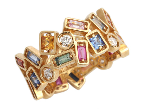 Suzanne Kalan 18K Yellow Gold Double-Row Rainbow Sapphire and Diamond Eternity Band Ring