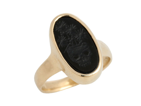 14K Yellow Gold Onyx Skull Intaglio Signet Ring