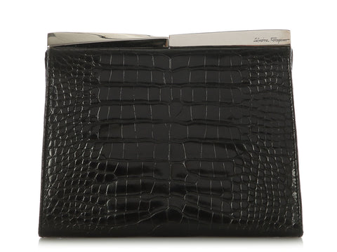 Ferragamo Black Alligator Frame Clutch