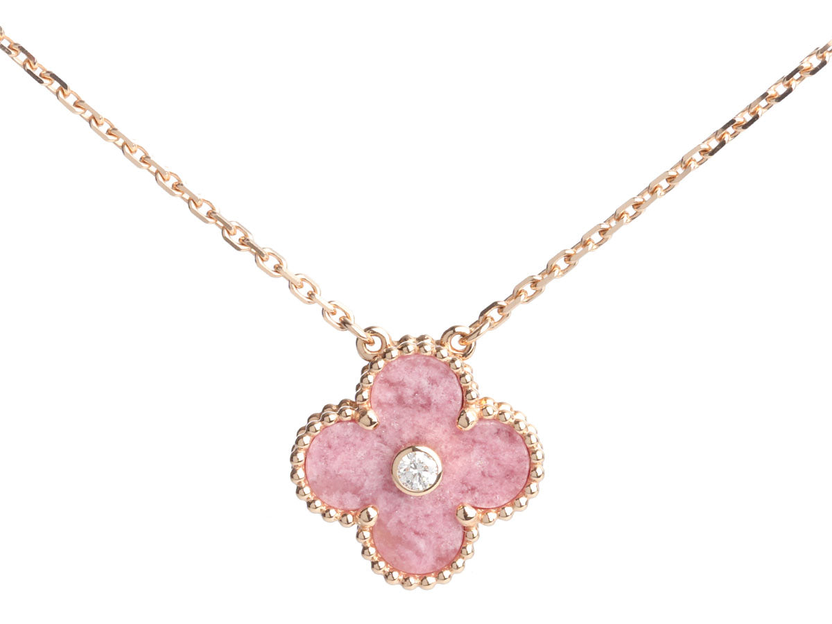 Van Cleef & Arpels 18K Rose Gold Rhodonite Vintage Alhambra 2021 Holiday Pendant Necklace