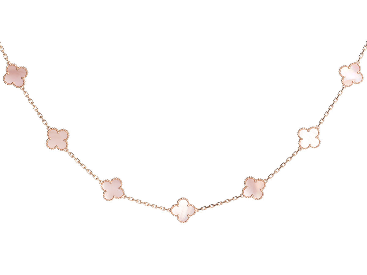 Van Cleef & Arpels Special Order 18K Rose Gold Pink MOP 20-Motif Vintage Alhambra Necklace