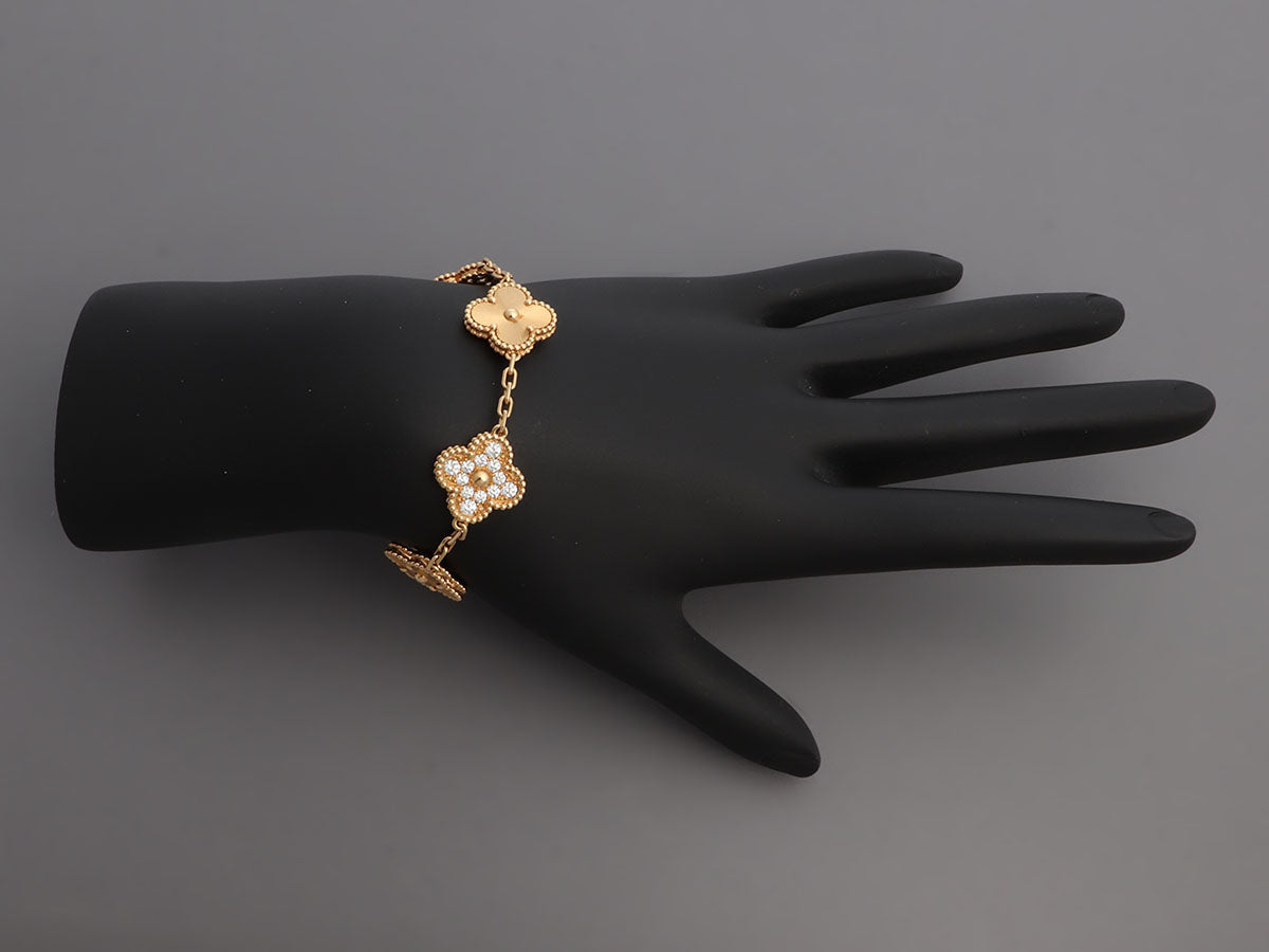 Vintage Alhambra bracelet, 5 motifs 18K yellow gold, Diamond- Van Cleef &  Arpels