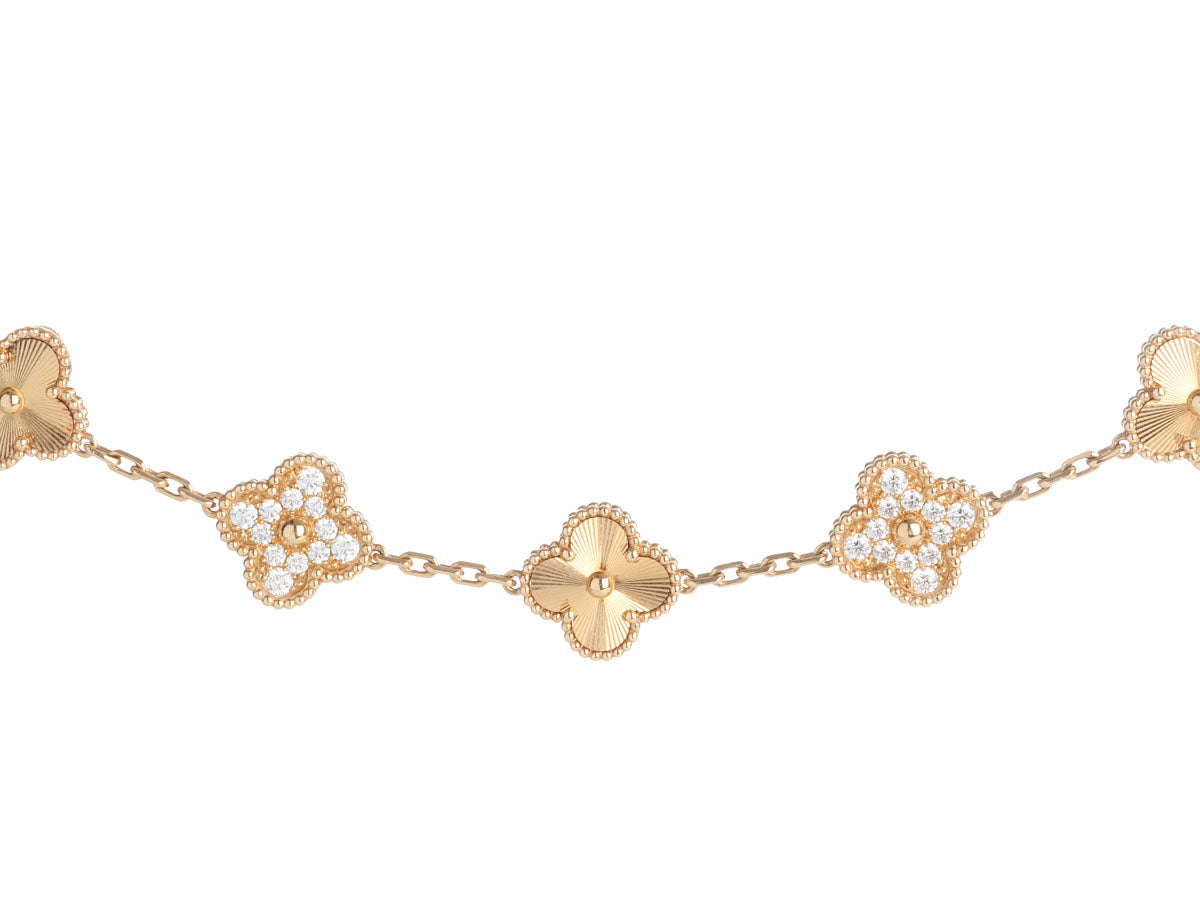 Van Cleef & Arpels 18K Yellow Gold 5-Motif Diamond Guilloché Vintage Alhambra Bracelet