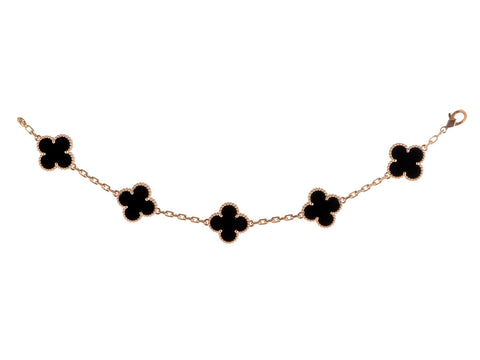 Van Cleef and Arpels 18K Rose Gold 5-Motif Onyx Vintage Alhambra Bracelet