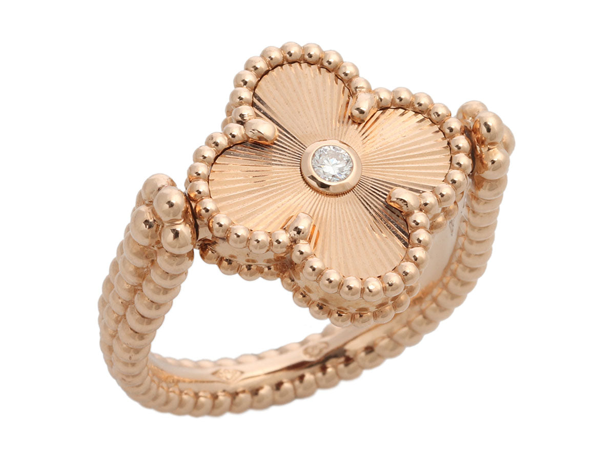 Van Cleef & Arpels 18K Rose Gold Guilloché and Carnelian Vintage Alhambra Reversible Ring