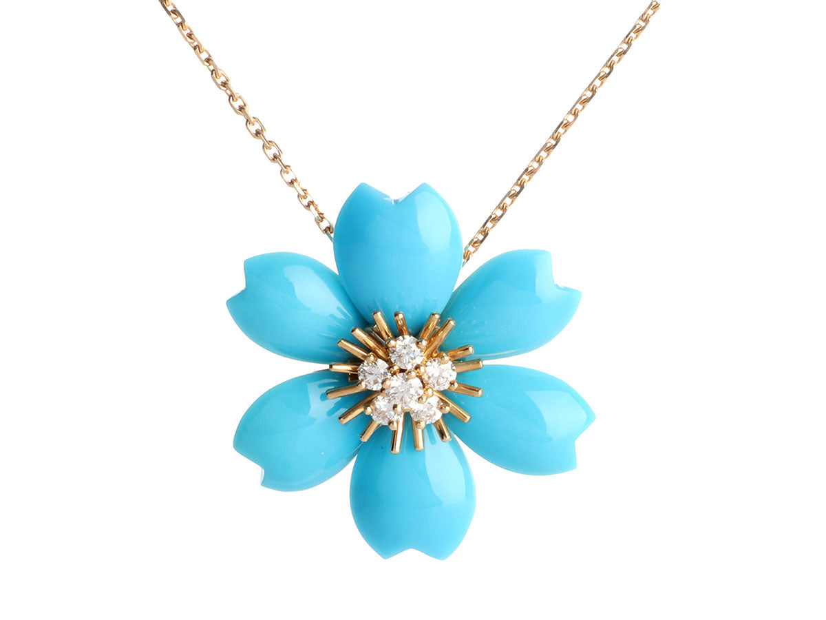 Van Cleef & Arpels Small 18K Yellow Gold Turquoise and Diamond Rose de Noel Pendant Necklace