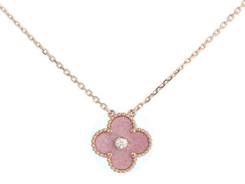Van Cleef & Arpels 18K Rose Gold Rhodonite and Diamond Vintage Alhambra Holiday Necklace 2021