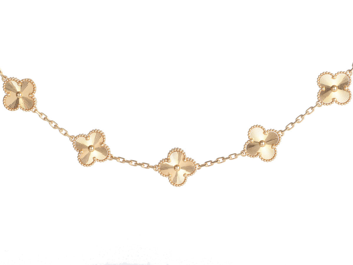 Van Cleef & Arpels 18K Yellow Gold 5-Motif Diamond Guilloché Vintage  Alhambra Bracelet