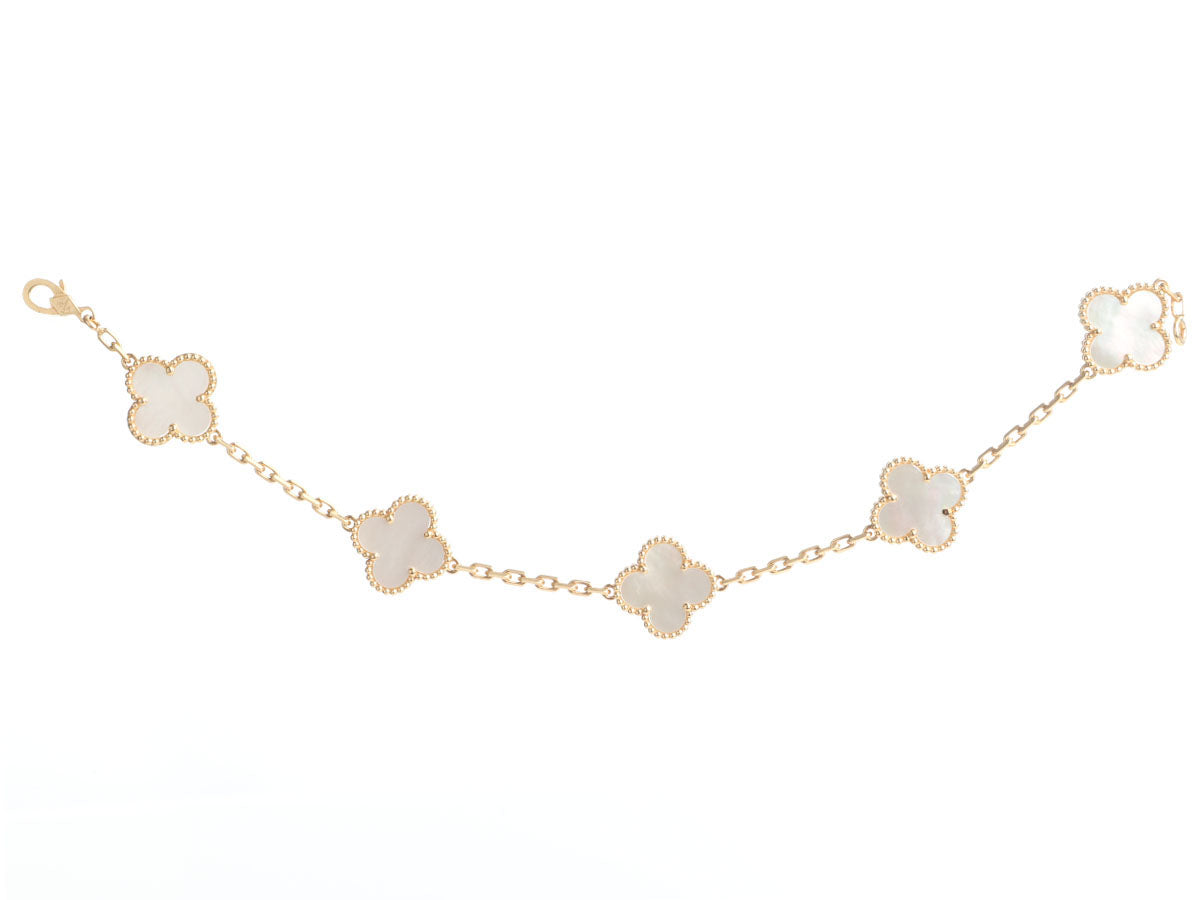 Van Cleef & Arpels 18K Yellow Gold 5-Motif Mother of Pearl Vintage Alhambra Bracelet
