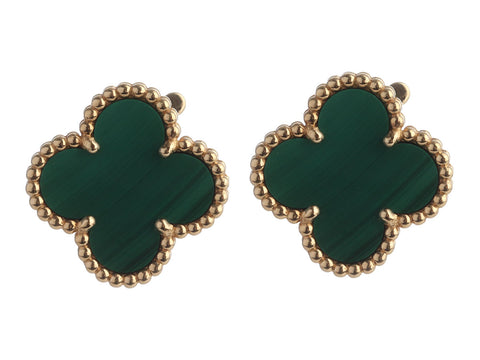 Van Cleef & Arpels 18K Yellow Gold Malachite Vintage Alhambra Pierced Earrings