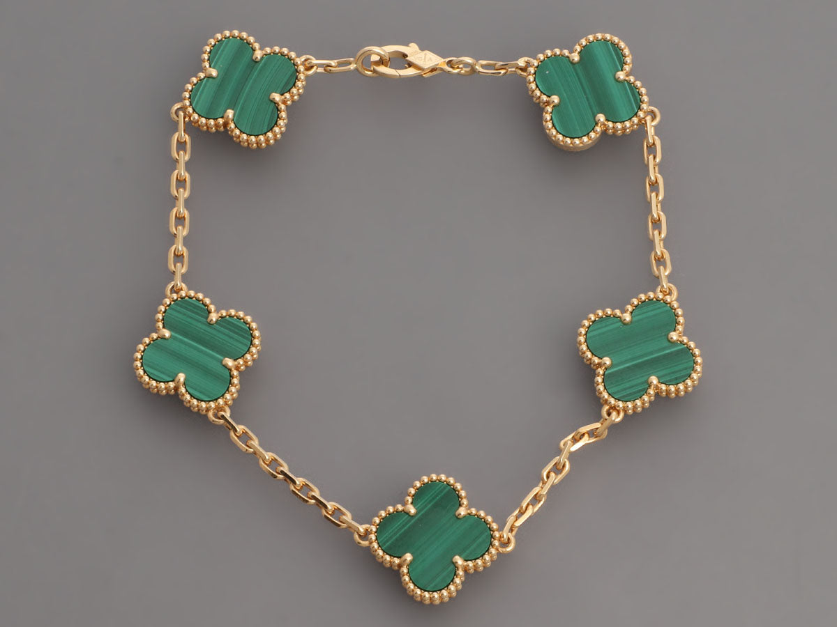 Van Cleef Arpels 18K Yellow Gold 5 Motif Malachite Vintage Alhambra Bracelet