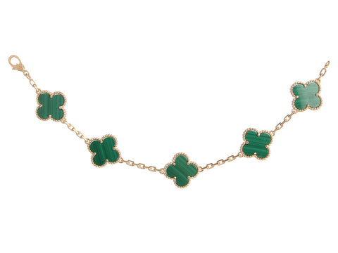 Van Cleef & Arpels 18K Yellow Gold Malachite 5-Motif Vintage Alhambra Bracelet