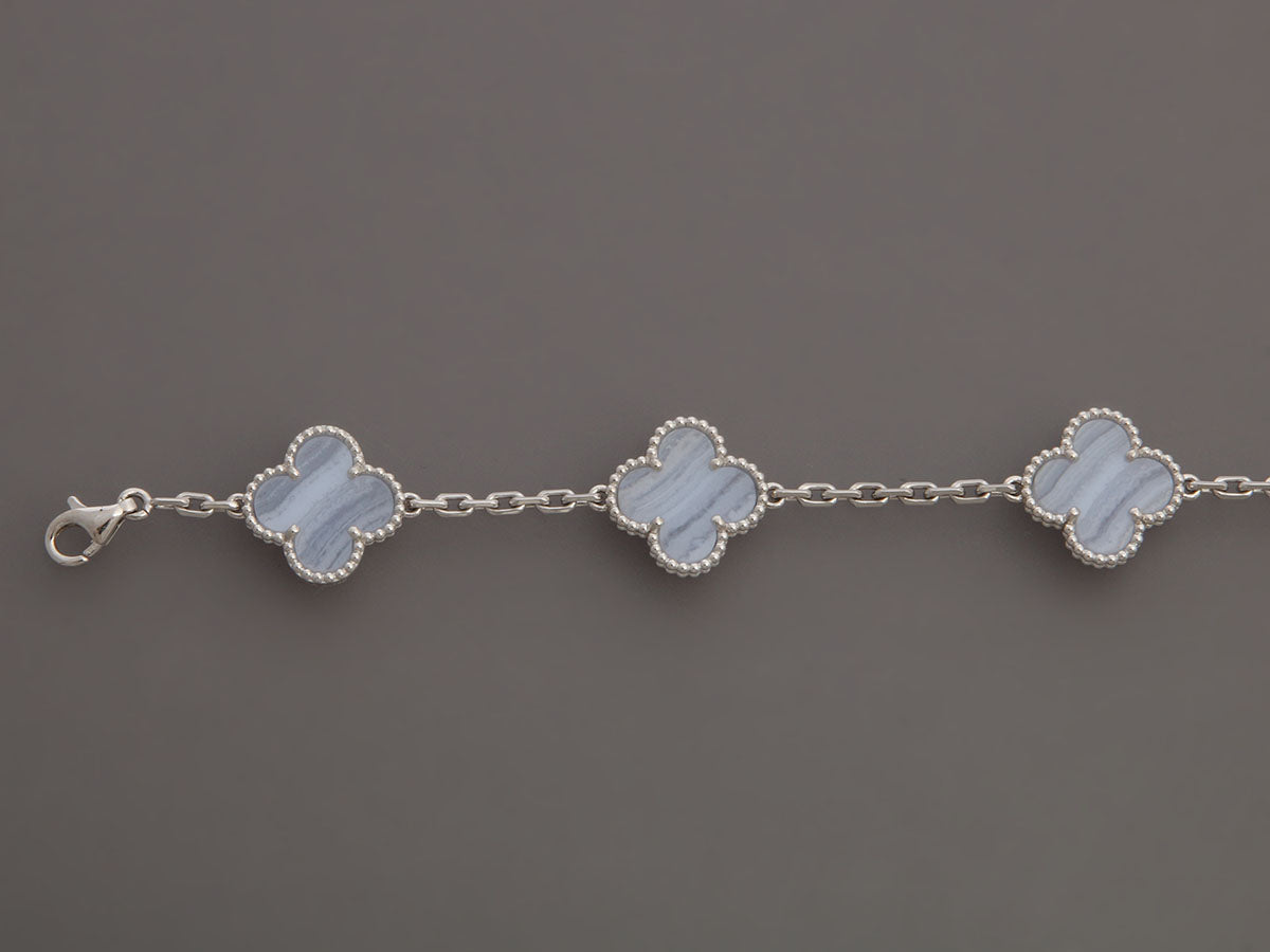 Van Cleef Arpels 18K White Gold Chalcedony 5-Motif Vintage Alhambra