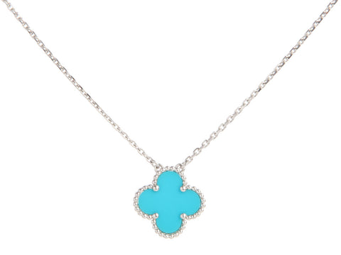 Van Cleef & Arpels 18K White Gold Turquoise Vintage Alhambra Pendant Necklace
