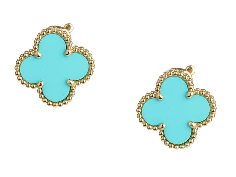Van Cleef & Arpels 18K Yellow Gold Turquoise Vintage Alhambra Earrings