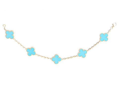 Van Cleef & Arpels 18K Yellow Gold Turquoise 5-Motif Vintage Alhambra Bracelet