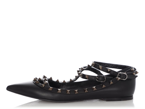 Valentino Black Rockstud Ankle Strap Flats