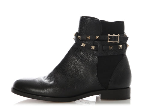 Valentino Black Grained Leather Double Strap Rockstud Ankle Boots