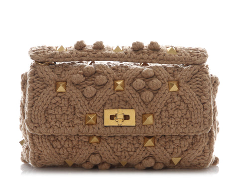 Valentino Brown Knit Cashmere Rockstud Roman Bag