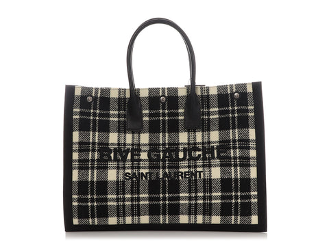 Saint Laurent Black and White Plaid Rive Gauche Tote