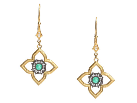 Arman Sarkisyan 22K Yellow Gold, Sterling Silver, Emerald, and Diamond Flower Pierced Drop Earrings