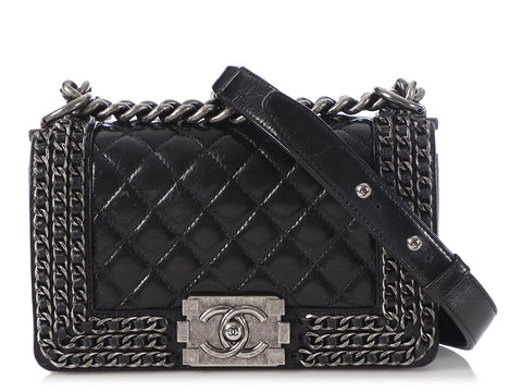 Chanel Small Black Quilted Shiny Calfskin Chain-Embellished Boy Bag