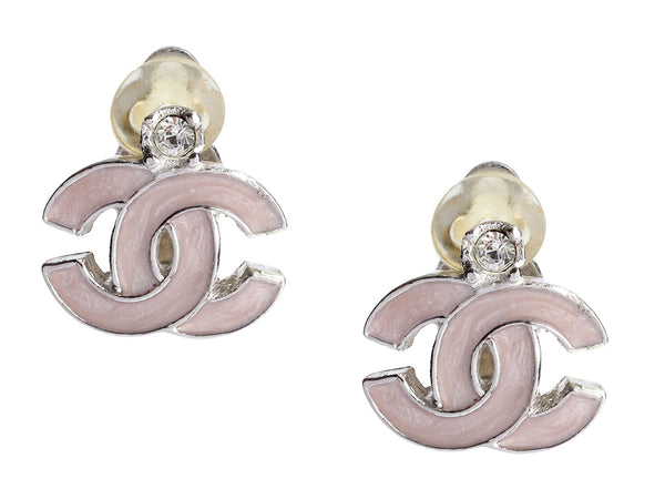 Buy Chanel Silver CC Crystal Pink Enamel Clover Clip on Earrings Online in  India 