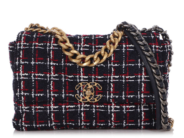 FWRD Renew Chanel 19 Tweed Maxi Flap Bag in Beige & Black