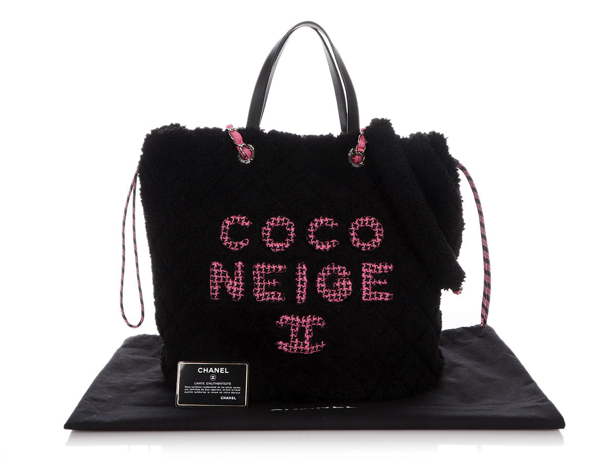 Chanel Black Quilted Shearling and Pink Tweed Coco Neige Tote Silver Hardware, 2019 (Like New), Womens Handbag